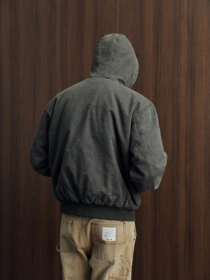 Vintage Wash Distressed Cargo Hoodie Jacket – Thermal Insulated Men's Coat