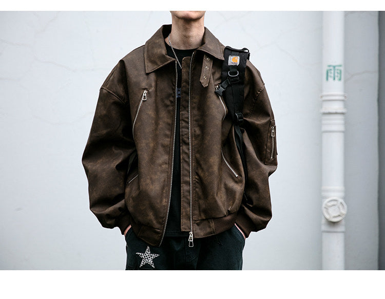 Double-Zip Stand-Collar PU Leather Jacket – Vintage Oversized Unisex