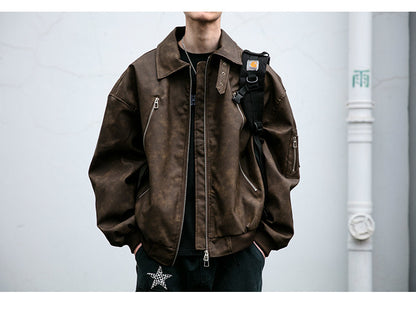 Double-Zip Stand-Collar PU Leather Jacket – Vintage Oversized Unisex