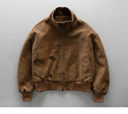 American Vintage Suede PU Leather Stand-Collar Jacket – Oversized Men’s Moto Coat