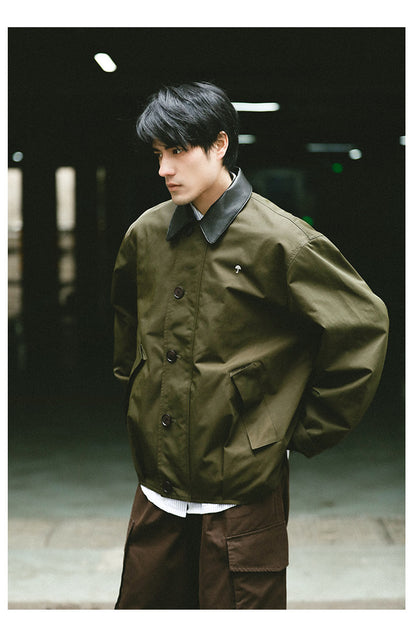 American Vintage Hunting Jacket – Heavy Leather-Collar Harrington Cargo Coat Unisex