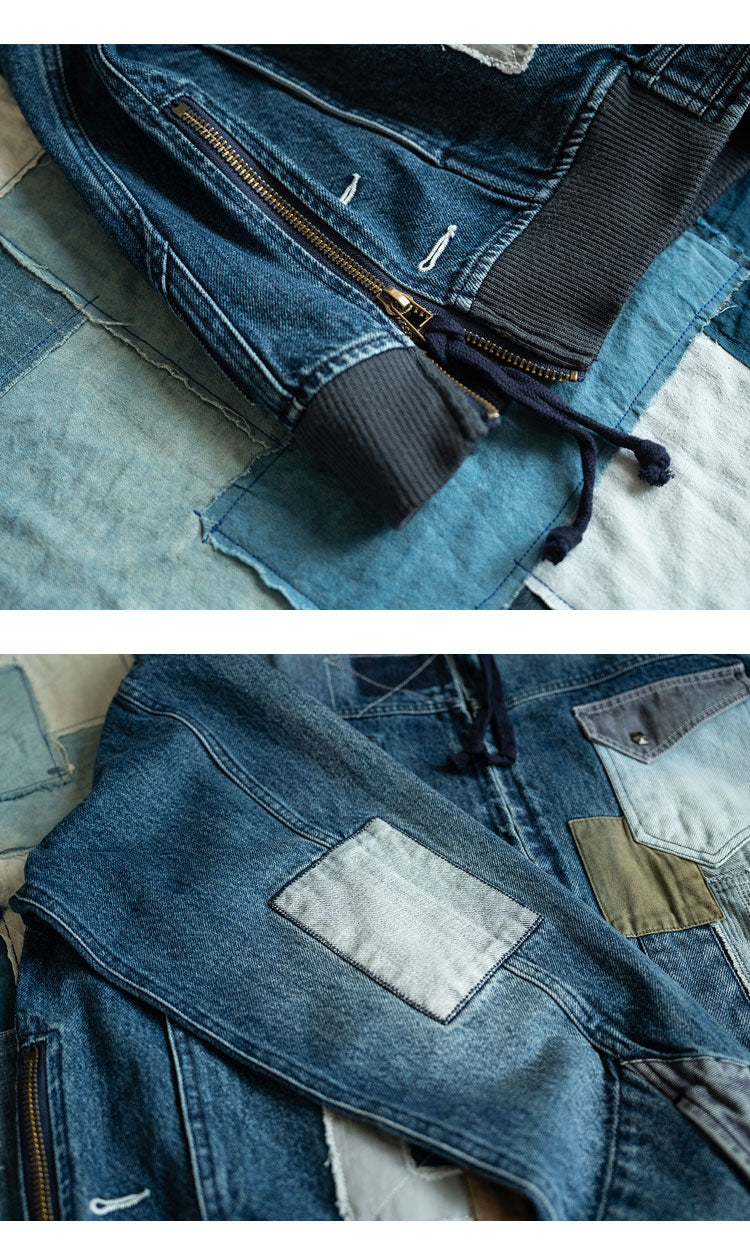 Hand-Embroidered Washed Old Denim Jacket – Patch Detail (Unisex)