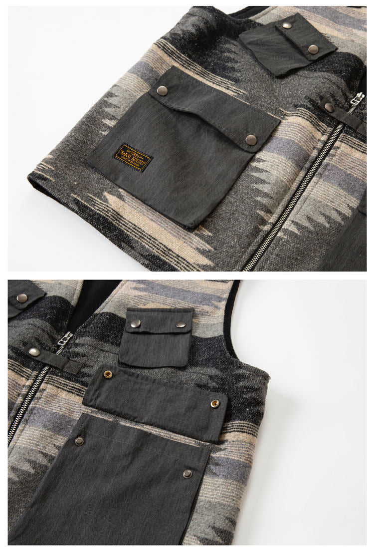 Ethnic Pattern Multi-Pocket Cargo Vest – Loose Fit Autumn Winter Versatile – Vest | japanese streetwear | vintage workwear | unisex | Yamalinclothes
