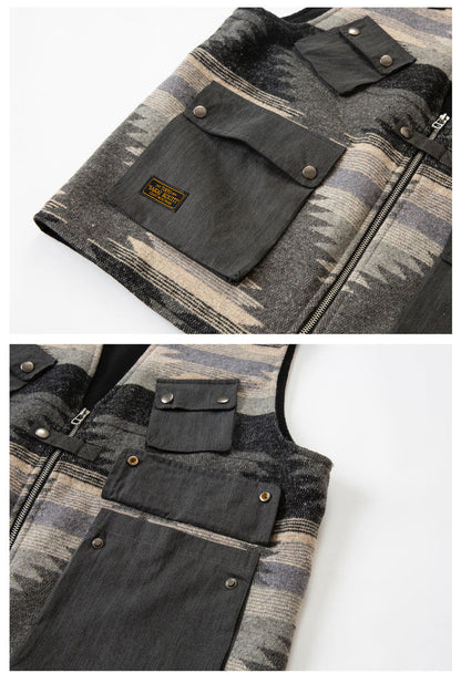 Ethnic Pattern Multi-Pocket Cargo Vest – Loose Fit Autumn Winter Versatile – Vest | japanese streetwear | vintage workwear | unisex | Yamalinclothes