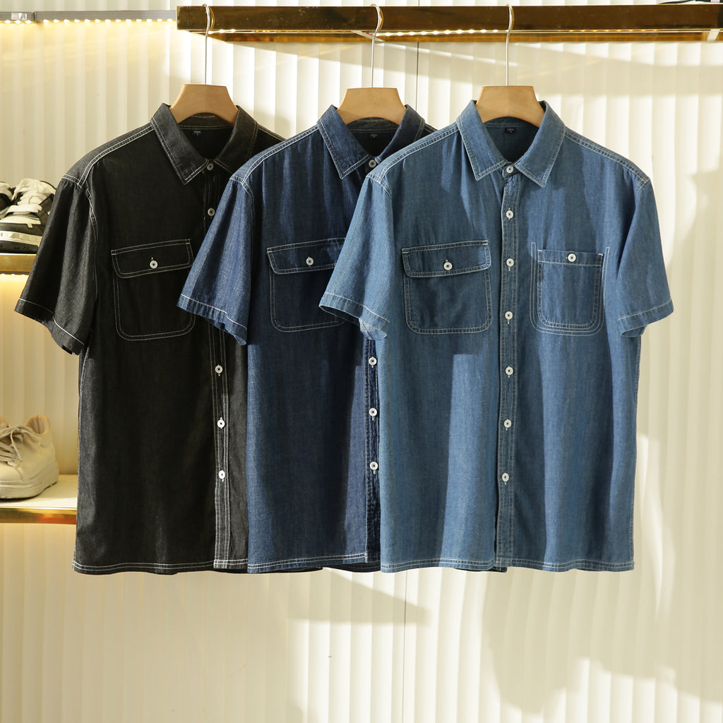 Pure Cotton Enzyme Wash! Export Surplus Men's Summer Turn-down Collar Denim Short Sleeve Shirt Top