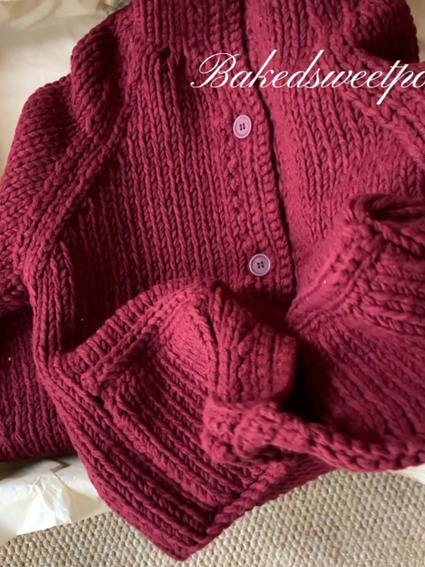 Berry Red Stand-Collar Wool Cardigan Coat – Thick-Needle Premium Knit (Women)