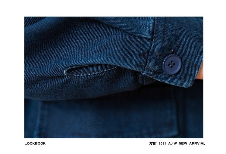 Vintage Washed Denim Collarless Shirt – Japanese Style Long Sleeve (Unisex)