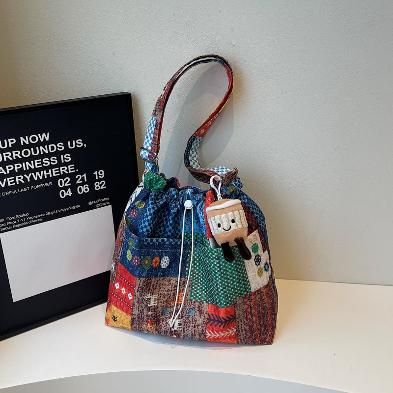 Niche Original Retro Color-Block Ethnic Style 2025 Spring New Denim Bag Single Shoulder Crossbody Canvas Bag for Women