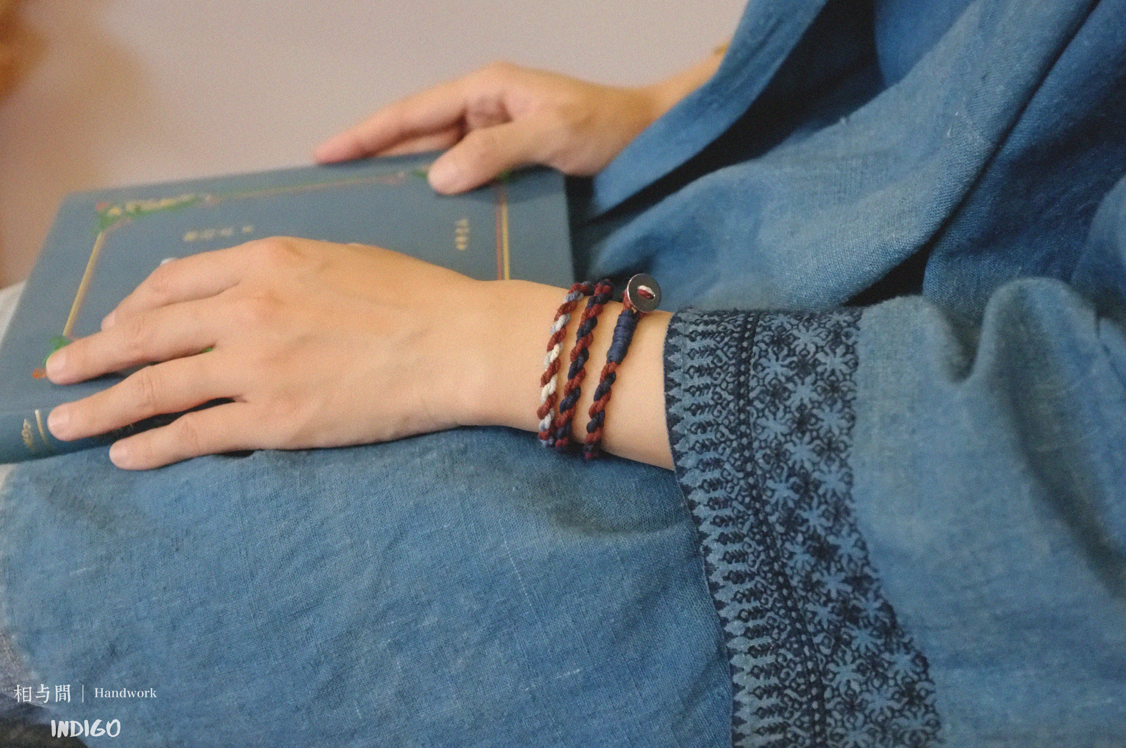 Original Four-Strand Weaving Blue Dyed + Madder Red Hand Rope Cotton Linen Niche Couple Retro Multi-Twist Bracelet