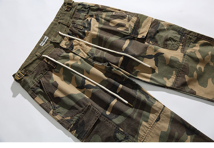 Men's American Street Retro Cargo Pants - Camouflage Heavy Washed Ripped Straight-Leg Pants