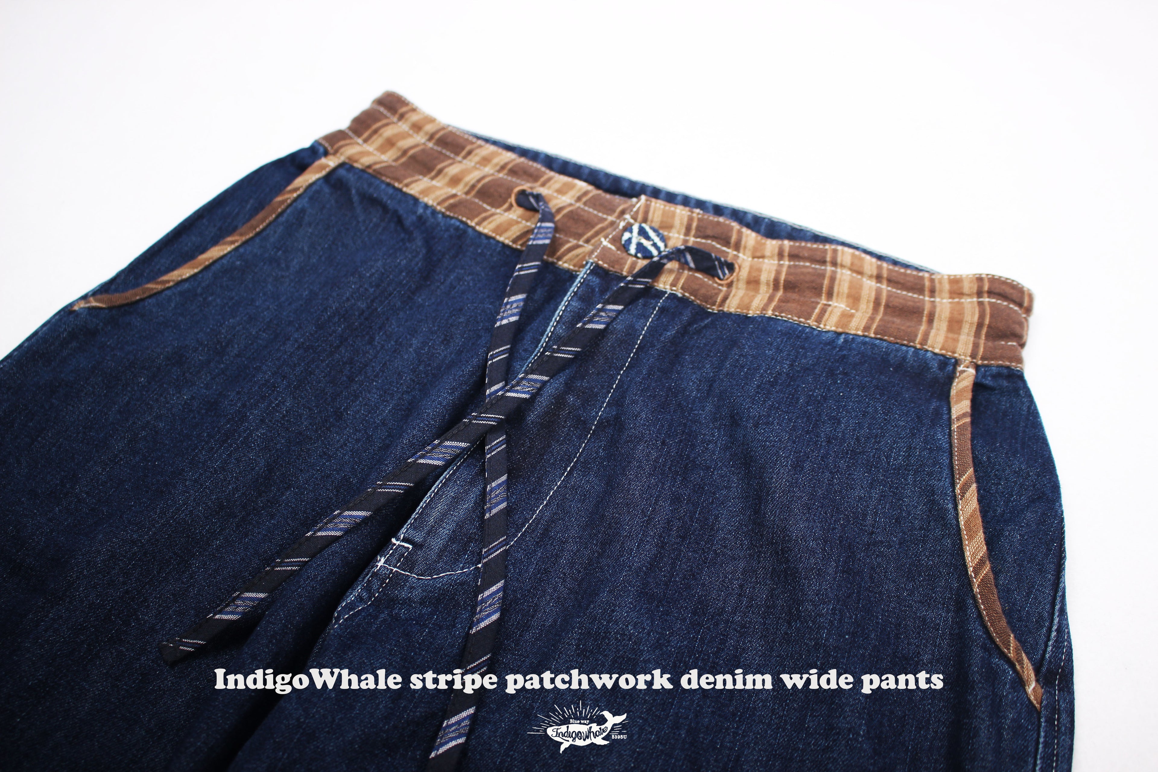 IndigoWhale Bamboo Denim Wide-Leg Patchwork Jeans – Heavy Wash, Drawstring Nine-Point Design