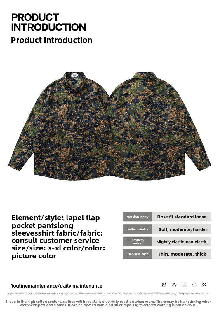 Japanese Style Trendy Floral Print Long Sleeve Shirt for Men Autumn Travel Vacation Lazy Casual Floral Shirt