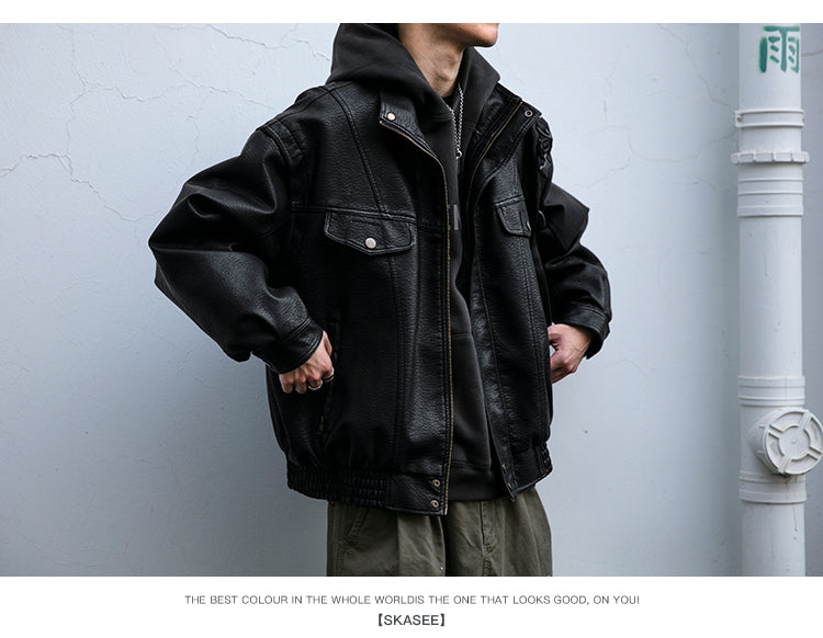 Men's American Retro Leather Jacket - Lychee Grain Stand Collar Motorcycle Coat