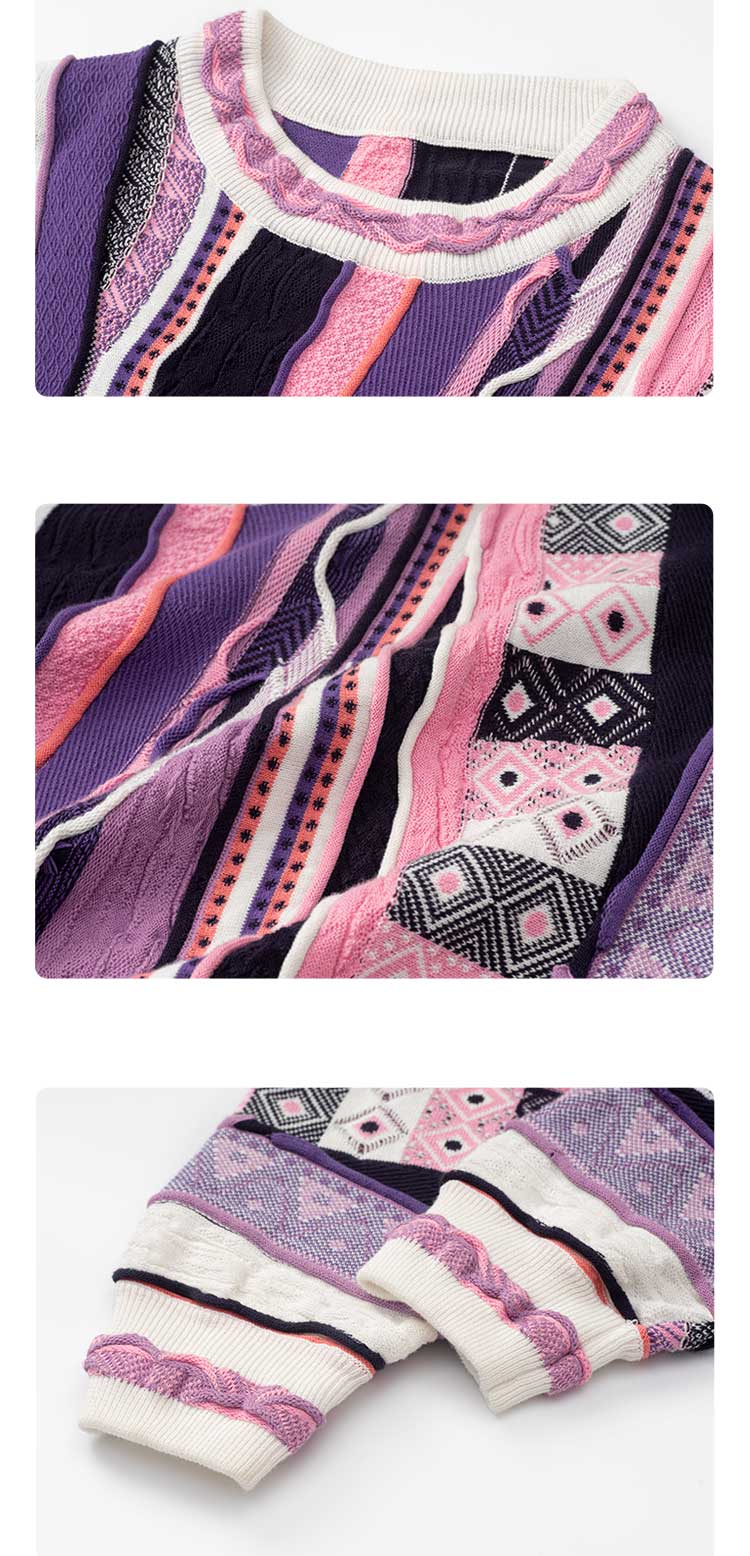 Medria Couple Retro Bitter Melon Stripe Sweater - Autumn Winter Purple Potion Pullover