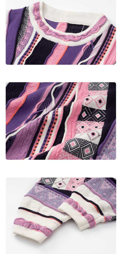 Medria Couple Retro Bitter Melon Stripe Sweater - Autumn Winter Purple Potion Pullover