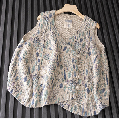 Mori Girl Floral Knitted Sweater Vest – Retro Button Sleeveless Knit