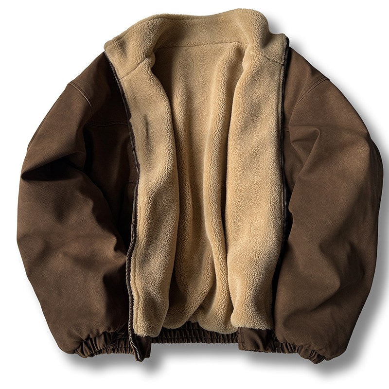 Heavy-Duty Washed Vintage Cotton Jacket - Lambswool Lined Stand Collar Coat (Men)