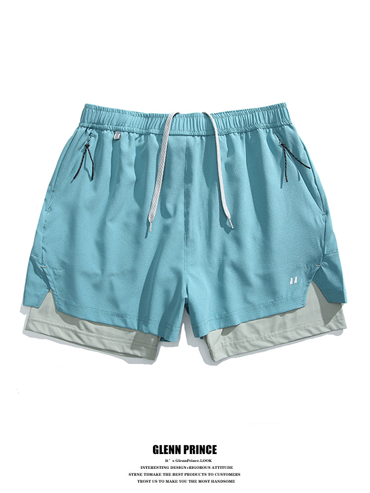Summer Outdoor Fake Two-Piece Double-Layer Running Sports Shorts for Men Anti-Exposure Quick-Dry Cycling Training Shorts