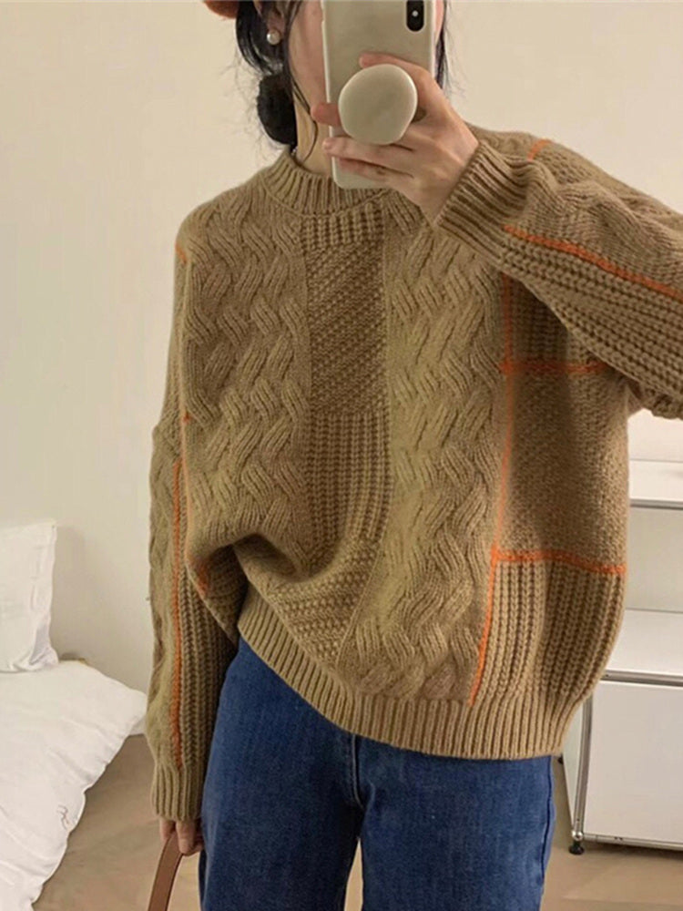 I.Tchooiate Retro Japanese Style Lazy Round Neck Cable Knit Sweater for Women, Thickened Design Top for Autumn and Winter