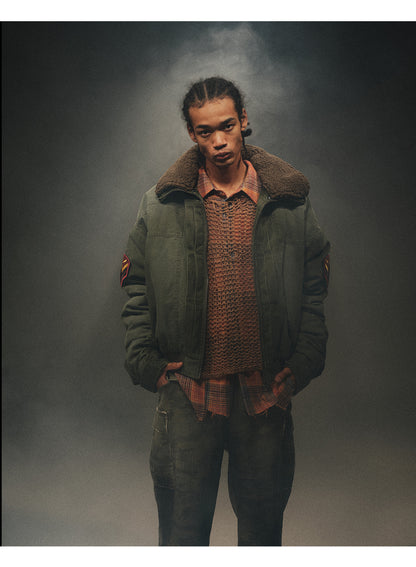 24aw Washed Green Vintage Jacket Cotton-Padded Coat Distressed Epaulet Fur Collar Thickened Coat