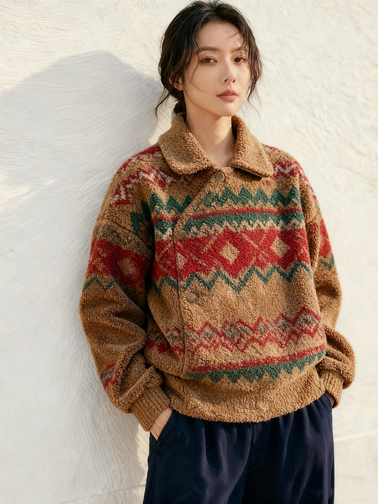 Women's 2025 Autumn Winter Christmas Lamb Wool Coat - Korean Chanel-Inspired Fair Isle Thick High-End Coat