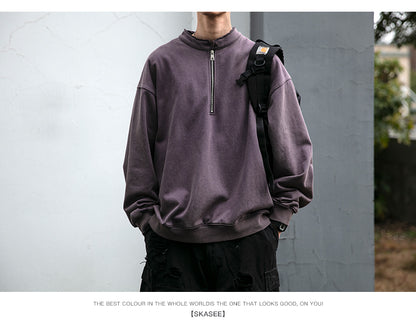 Unisex 465g Washed Vintage Sweatshirt - Boxy Half-Zip Snowflake Knit Pullover