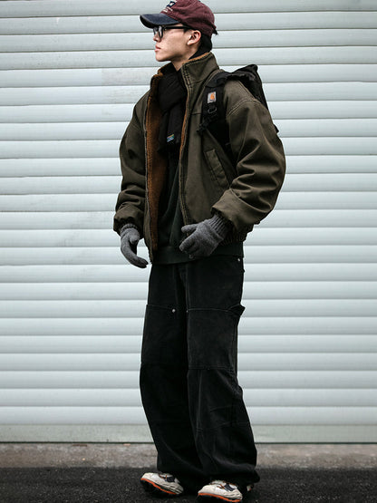 Heavy-Duty Washed Vintage Cotton Jacket - Lambswool Lined Stand Collar Coat (Men)
