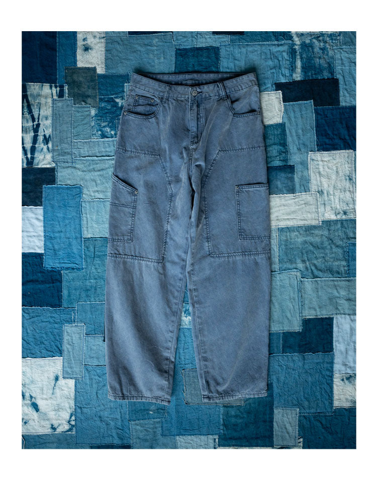 Japanese Retro Washed Beaded Canvas Work Pants – Loose Wide-Leg Unisex