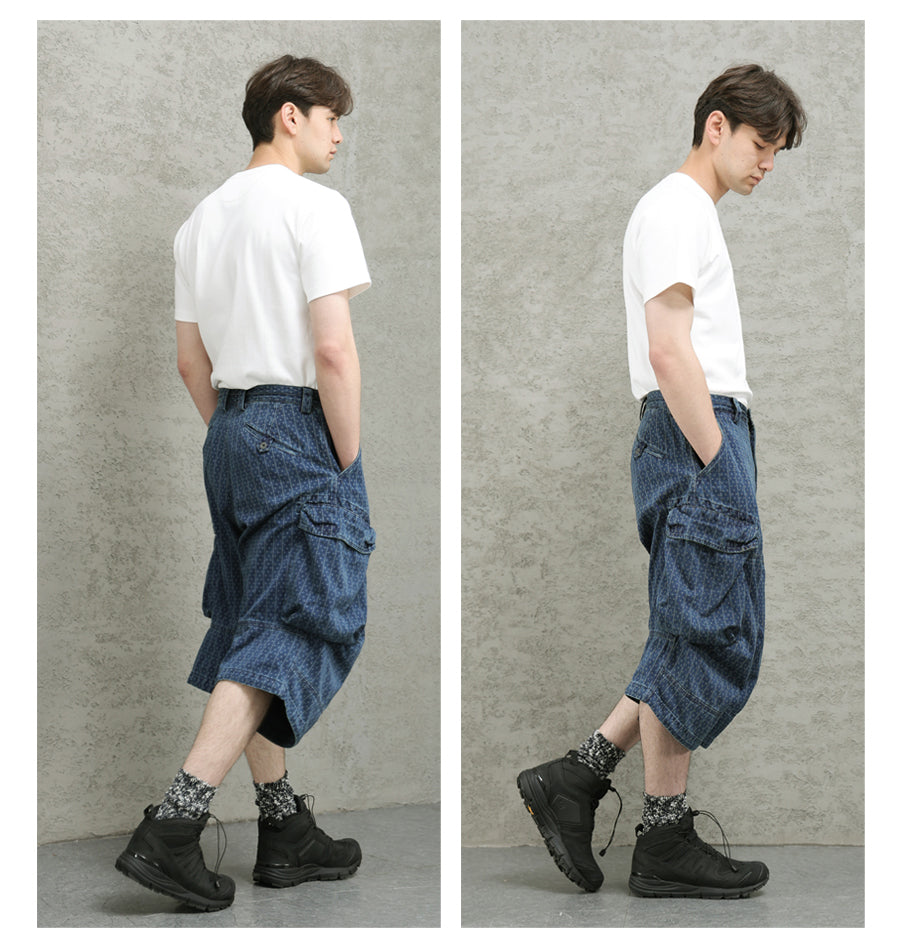 Blue Dyed Jacquard Loose Fit Scimitar Cropped Pants Japanese Retro Style with Large Pockets Casual Mid-Length Shorts