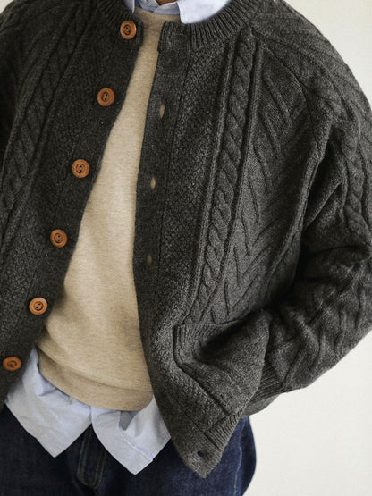 Traditional Aran Fisherman Sweater – Jacquard Knit Crewneck Cardigan (Unisex)