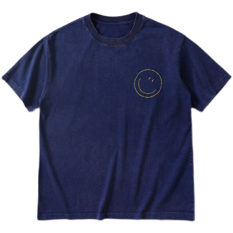 Hand-Embroidered 3D Smiley Face Cotton Tee – Vintage Crewneck Short Sleeve, Casual Unisex