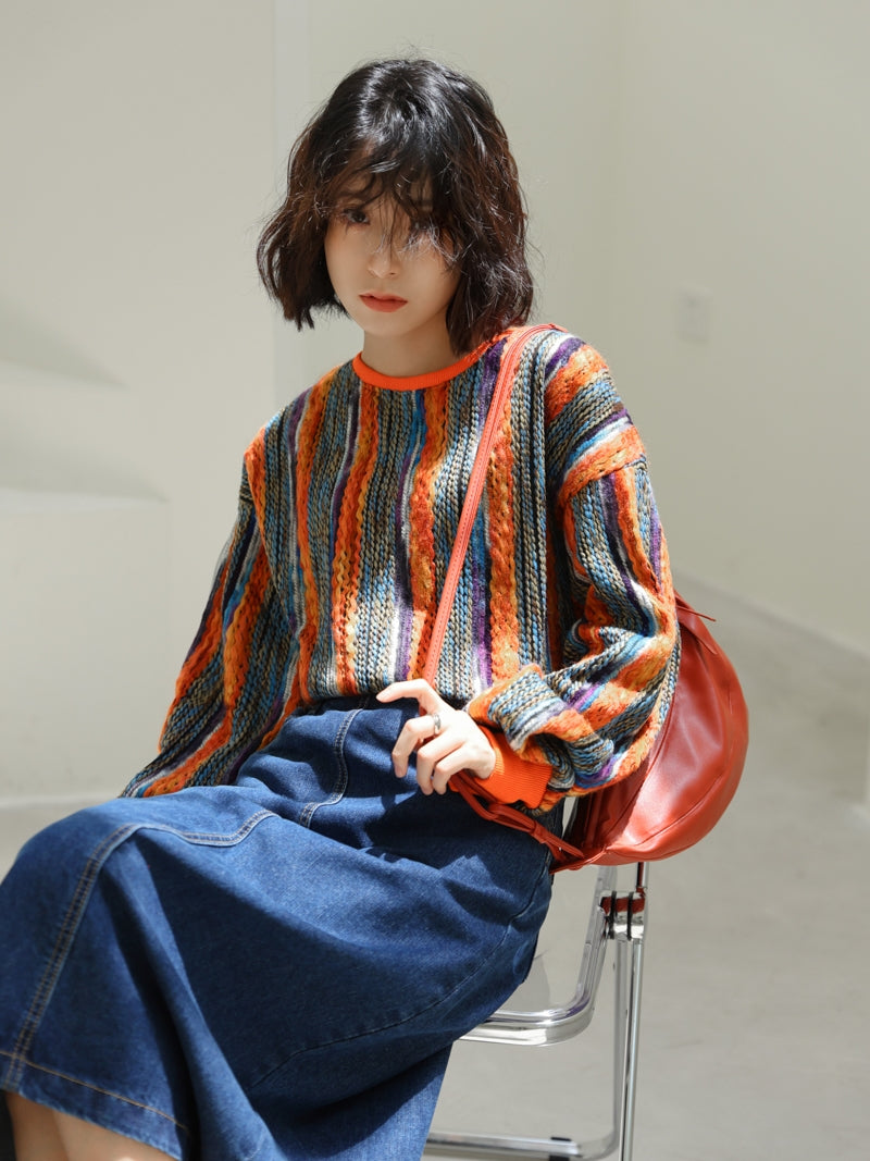 Colorful Striped Lazy Pullover Sweater – Thickened Crew-Neck Loose Fit (Women)