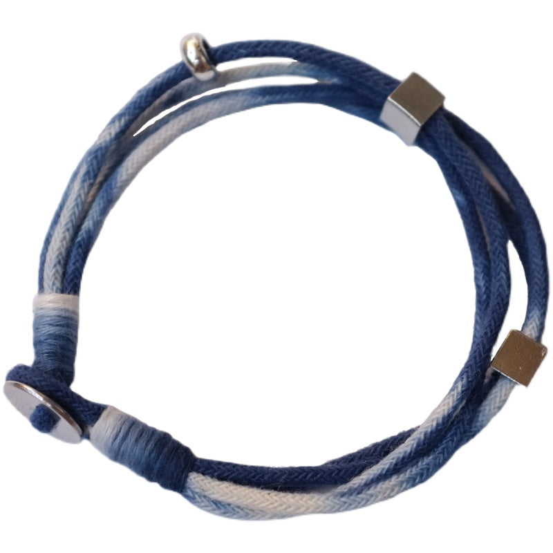 Original Design Multi-layer Blue Dyed Cotton Linen Bracelet 925 Silver Niche Tie-dye Intangible Cultural Heritage Handmade Couple Bracelet