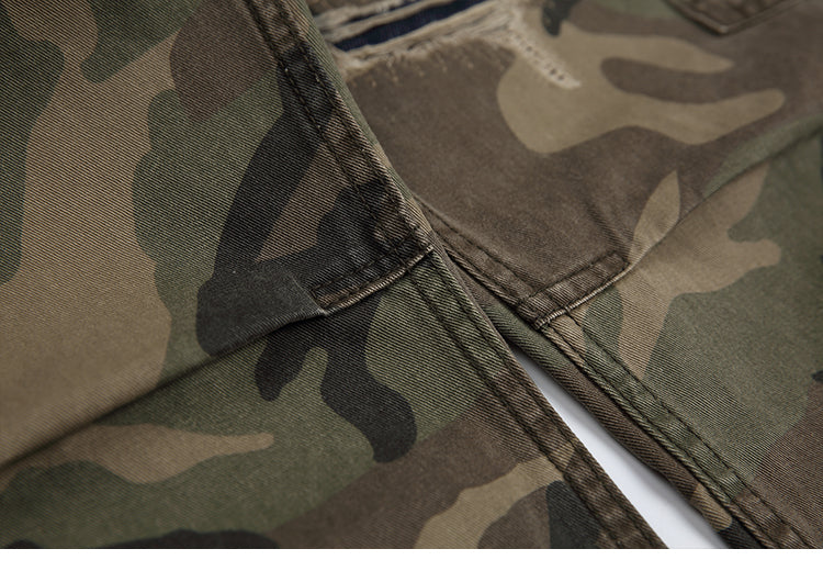 Men's American Street Retro Cargo Pants - Camouflage Heavy Washed Ripped Straight-Leg Pants