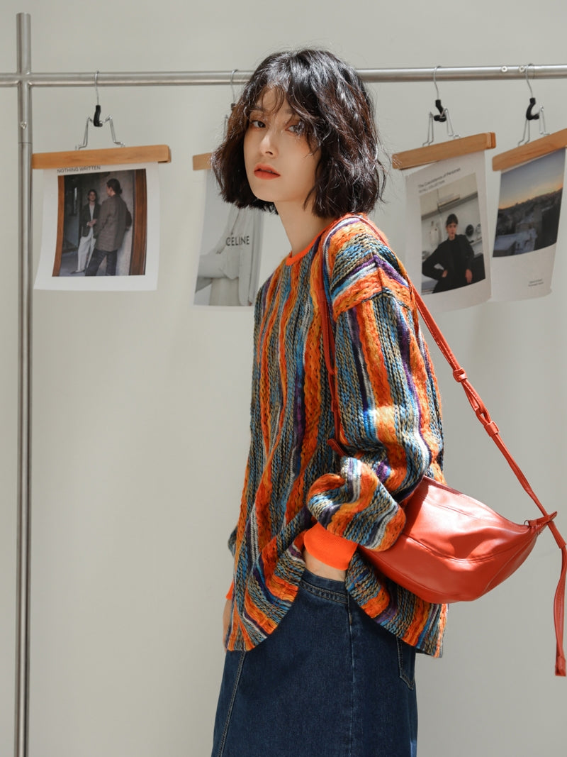 Colorful Striped Lazy Pullover Sweater – Thickened Crew-Neck Loose Fit (Women)