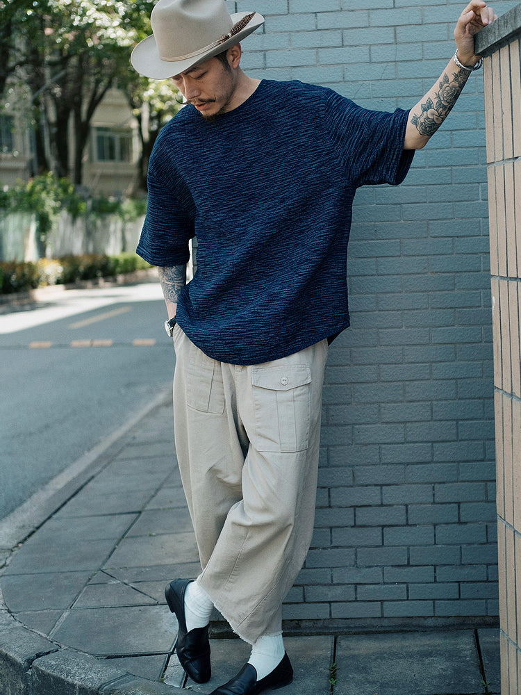 Original Japanese Retro Blue Dyed Sashiko & Kasuri Loose Fit Crew Neck Short Sleeve T-Shirt