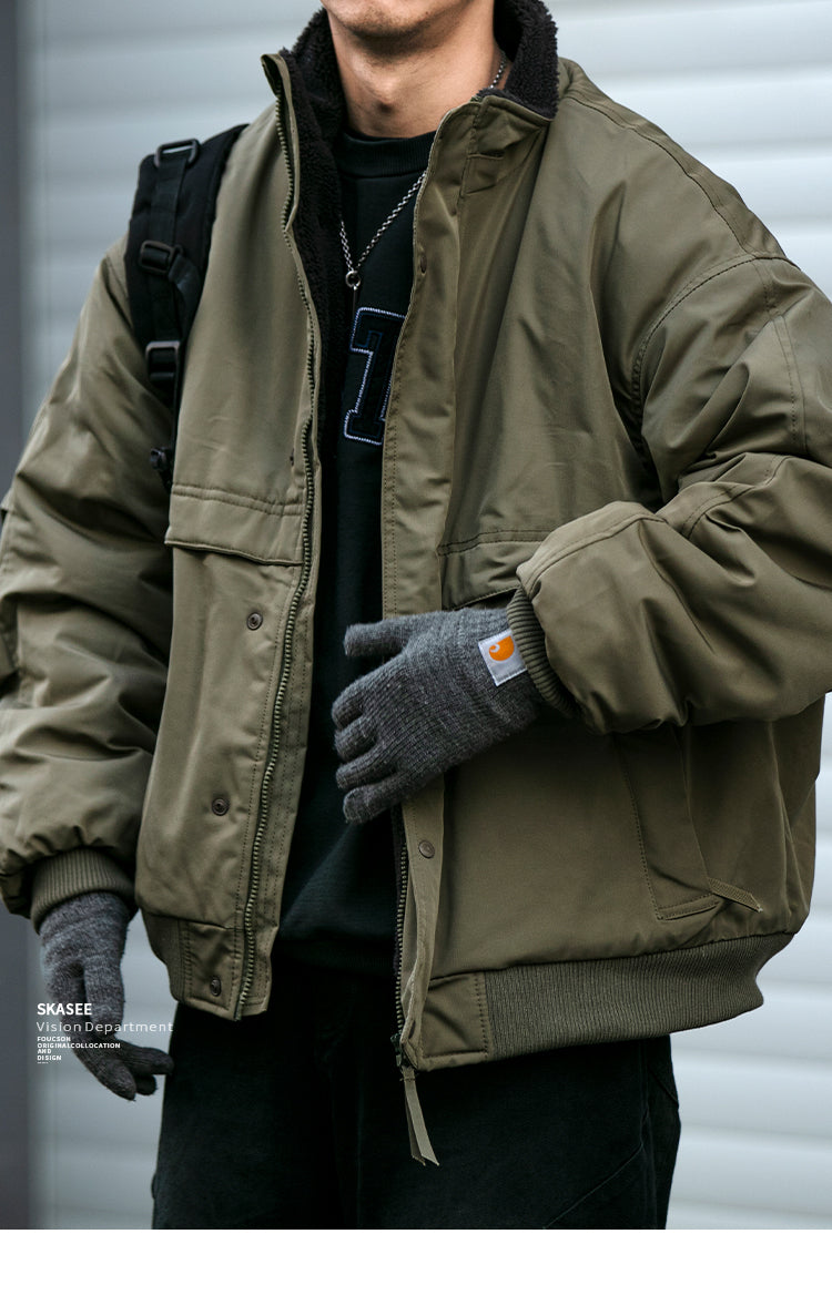 Japanese Style Trendy Brand Lamb Wool Stand Collar Cotton Jacket Men Winter Trendy Brand Couple Loose Thickened Warm Workwear Cotton Coat Jacket