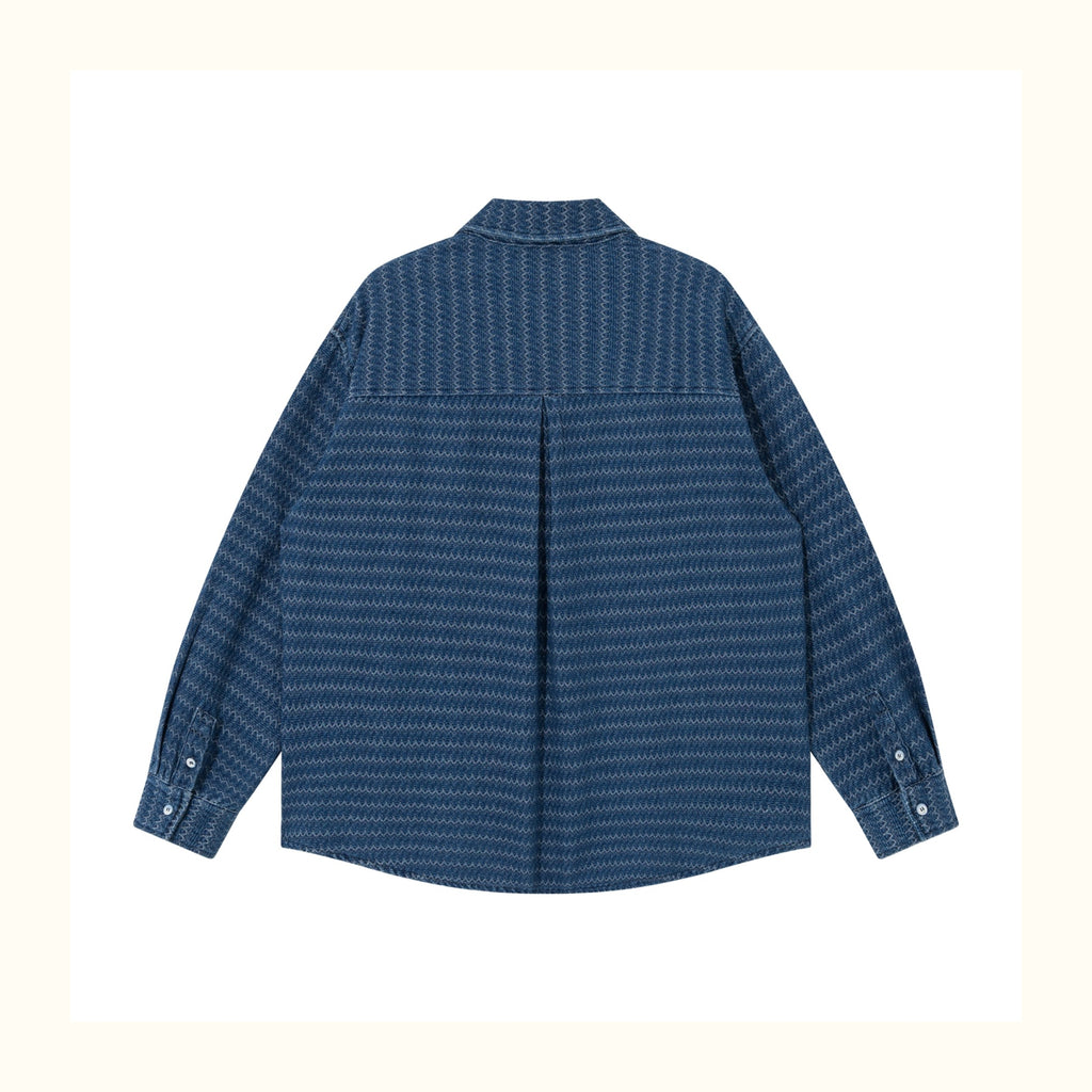 Japanese Ethnic Jacquard Denim Shirt Jacket – Loose & Cozy for Autumn/Winter