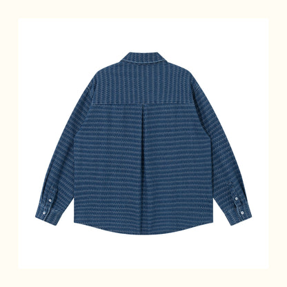Japanese Ethnic Jacquard Denim Shirt Jacket – Loose & Cozy for Autumn/Winter