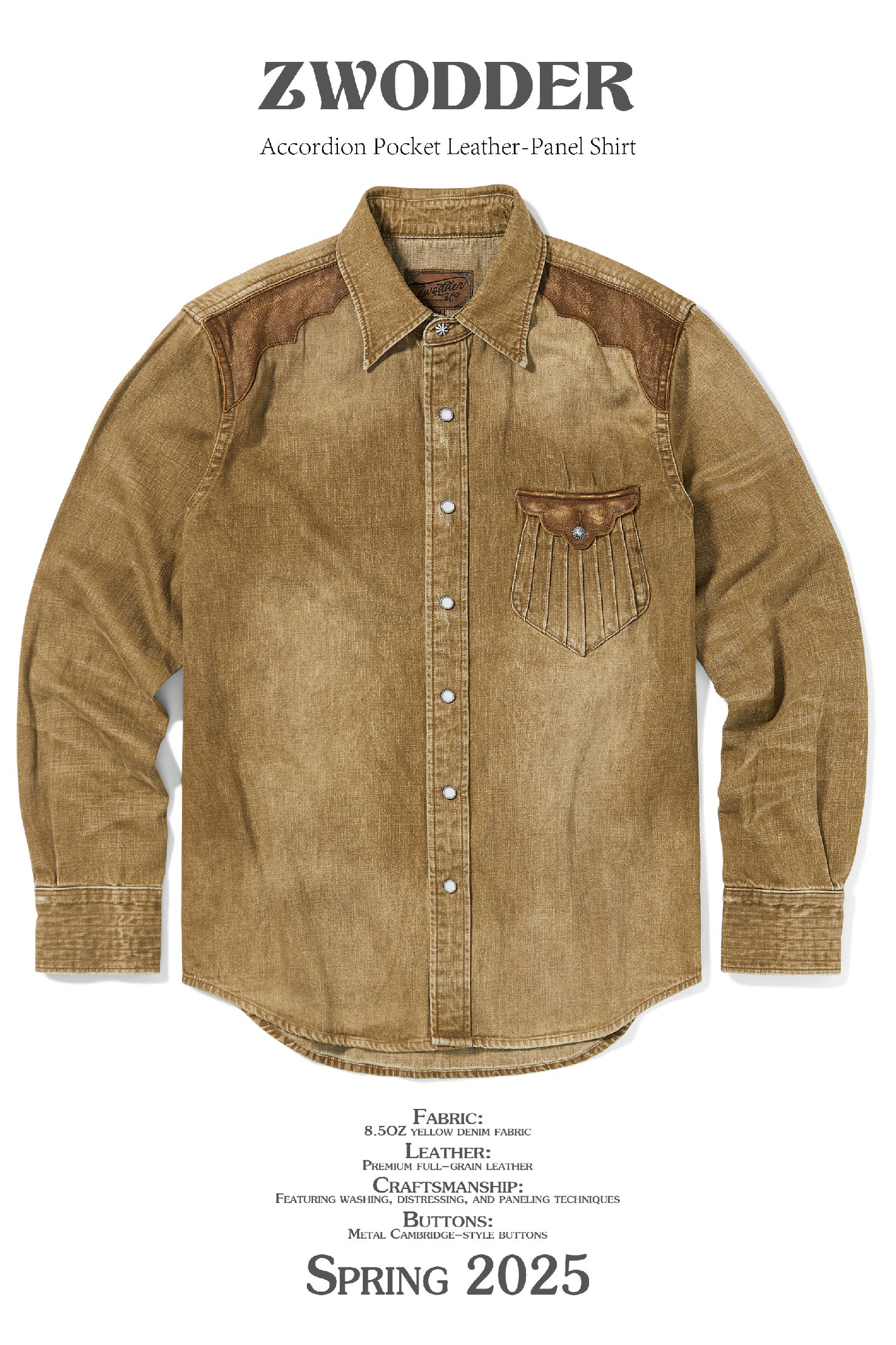 Zwodder Leather-Accent Patchwork Denim Shirt – Vintage American Washed Long Sleeve