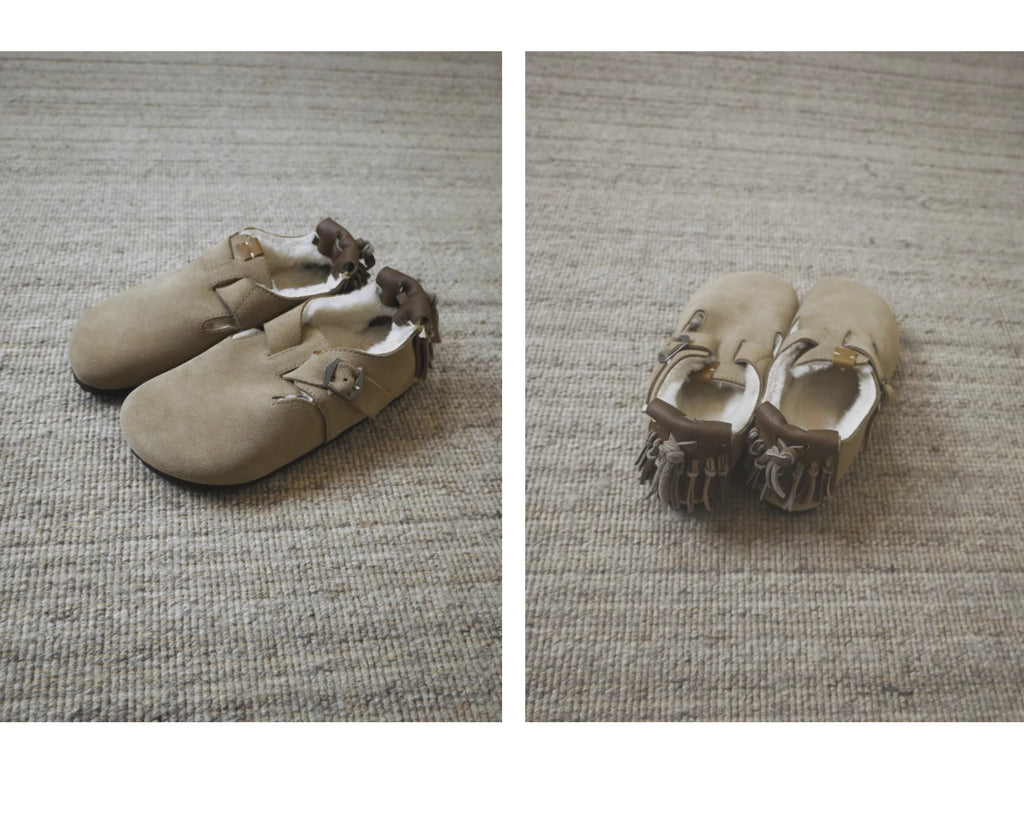 Sonofloong Vintage Genuine Leather Slippers - Deerskin Tassel Sheepskin Fur Closed-Toe Birkenstock Style