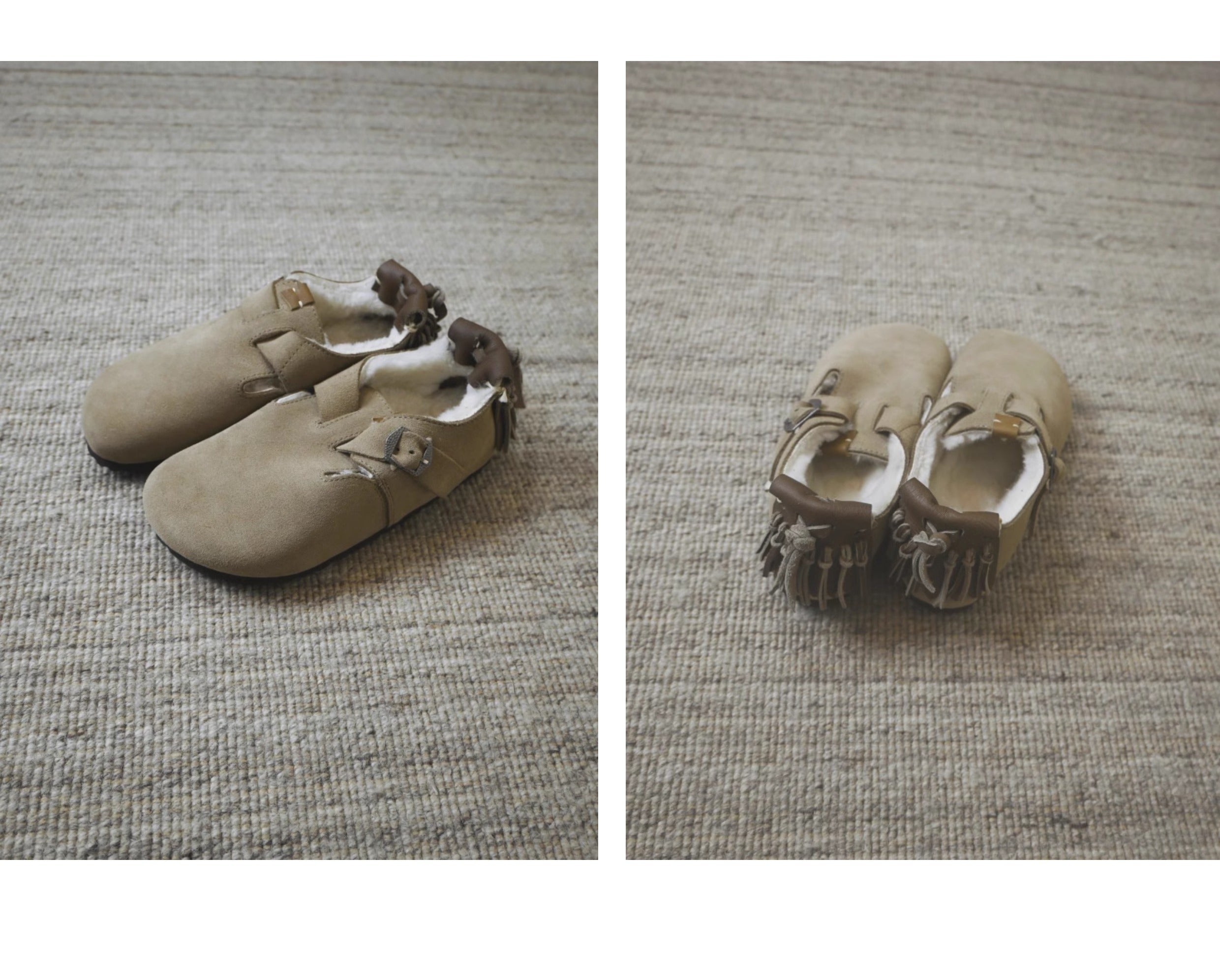 Sonofloong Vintage Genuine Leather Slippers - Deerskin Tassel Sheepskin Fur Closed-Toe Birkenstock Style