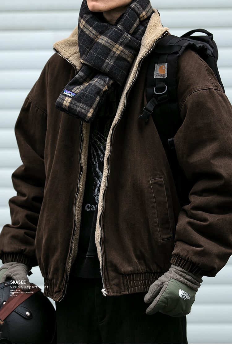 Men's Japanese Retro Lamb Wool Jacket - Thickened Stand Collar Couple Cotton Coat