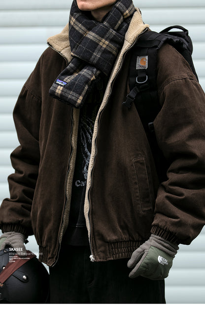 Men's Japanese Retro Lamb Wool Jacket - Thickened Stand Collar Couple Cotton Coat