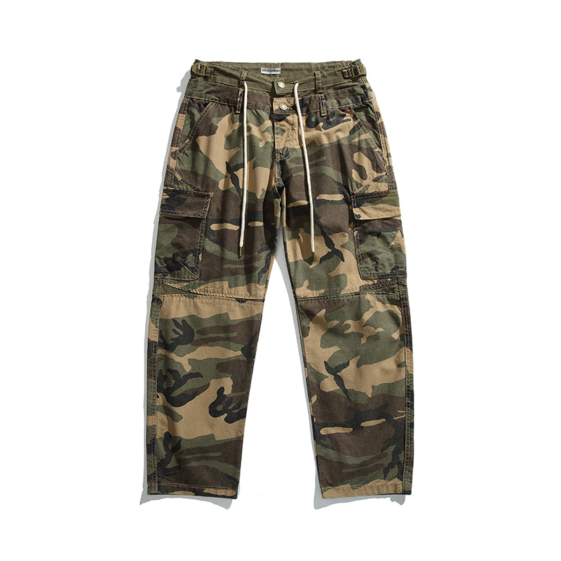 Men's American Street Retro Cargo Pants - Camouflage Heavy Washed Ripped Straight-Leg Pants