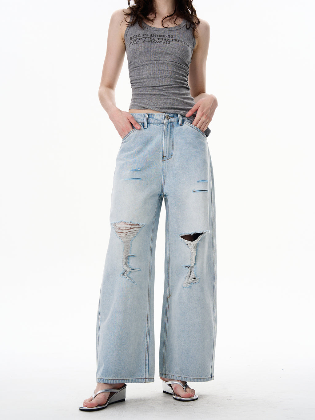 American Style Distressed Light Blue Jeans Trendy Brand Men's Cool Street Style High-End Pants