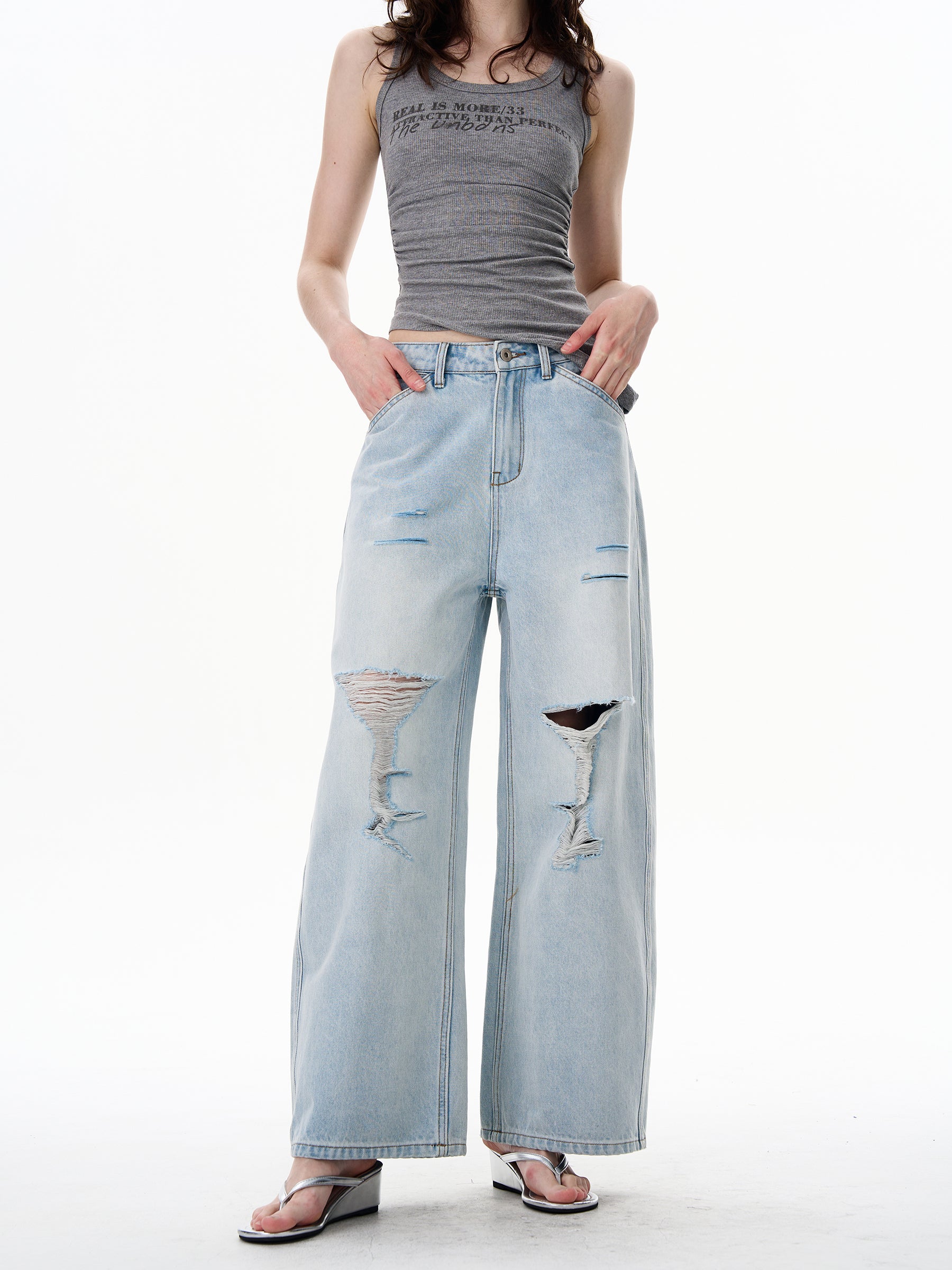 American Style Distressed Light Blue Jeans Trendy Brand Men's Cool Street Style High-End Pants
