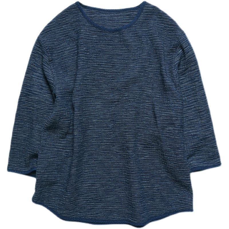 Original Retro Sashiko Loose Japanese Style Round Neck Three-Quarter Sleeve Blue Dyed T-Shirt Trendy Brand Short Sleeve