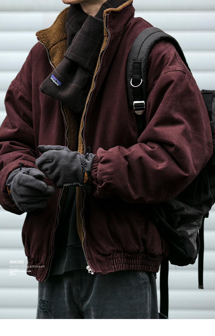 Japanese Retro Melad Stand Collar Lamb Wool Cotton Jacket for Men Winter Trendy Loose Couple Thickened Warm Cotton Coat Trendy