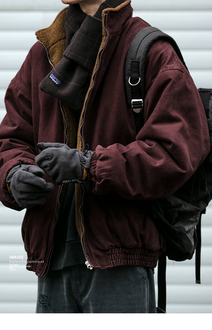 Men's Japanese Retro Lamb Wool Jacket - Thickened Stand Collar Couple Cotton Coat